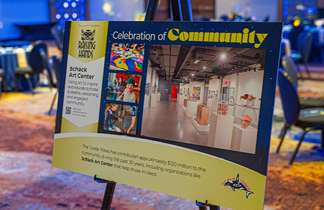 A large sign on an easel for Schack Art Center in Celebration of Community presents pictures and a mission statement at the Raising Hands 2023 event. 