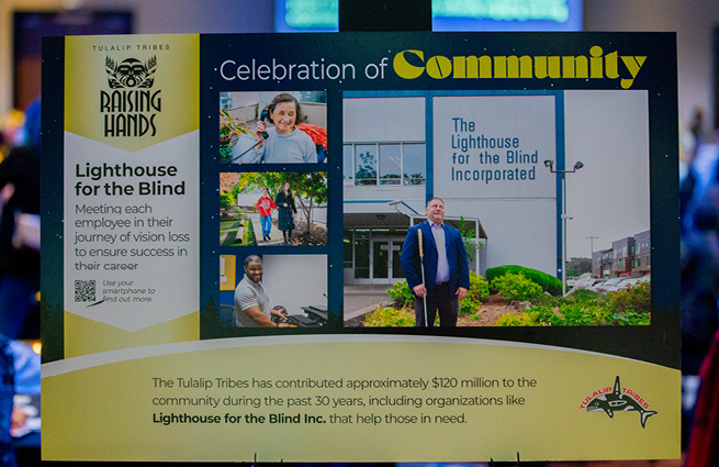 A large sign displays a 2023 Raising Hands for Lighthouse for the Blind recipient with pictures of people helped and their mission statement. 