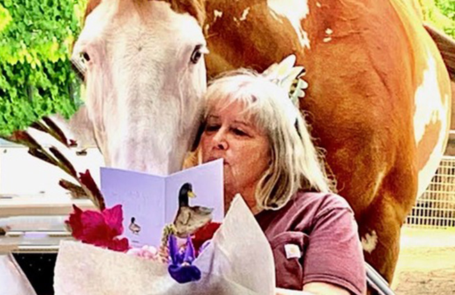 Adorable picture of the large Sorrell-paint looking at a greeting card over the shoulder of a woman as though admiring the card. 