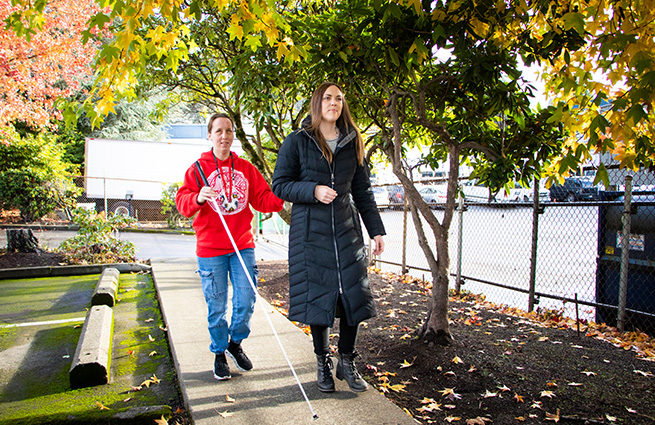 A blind person with a walking cane, holding onto the elbow of a sighted person, walking on a sidewalk with autumn leaves falling around them. 