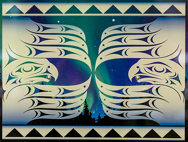 Native American art featuring two eagles head-to-head on a green and purple background with starts and trees.